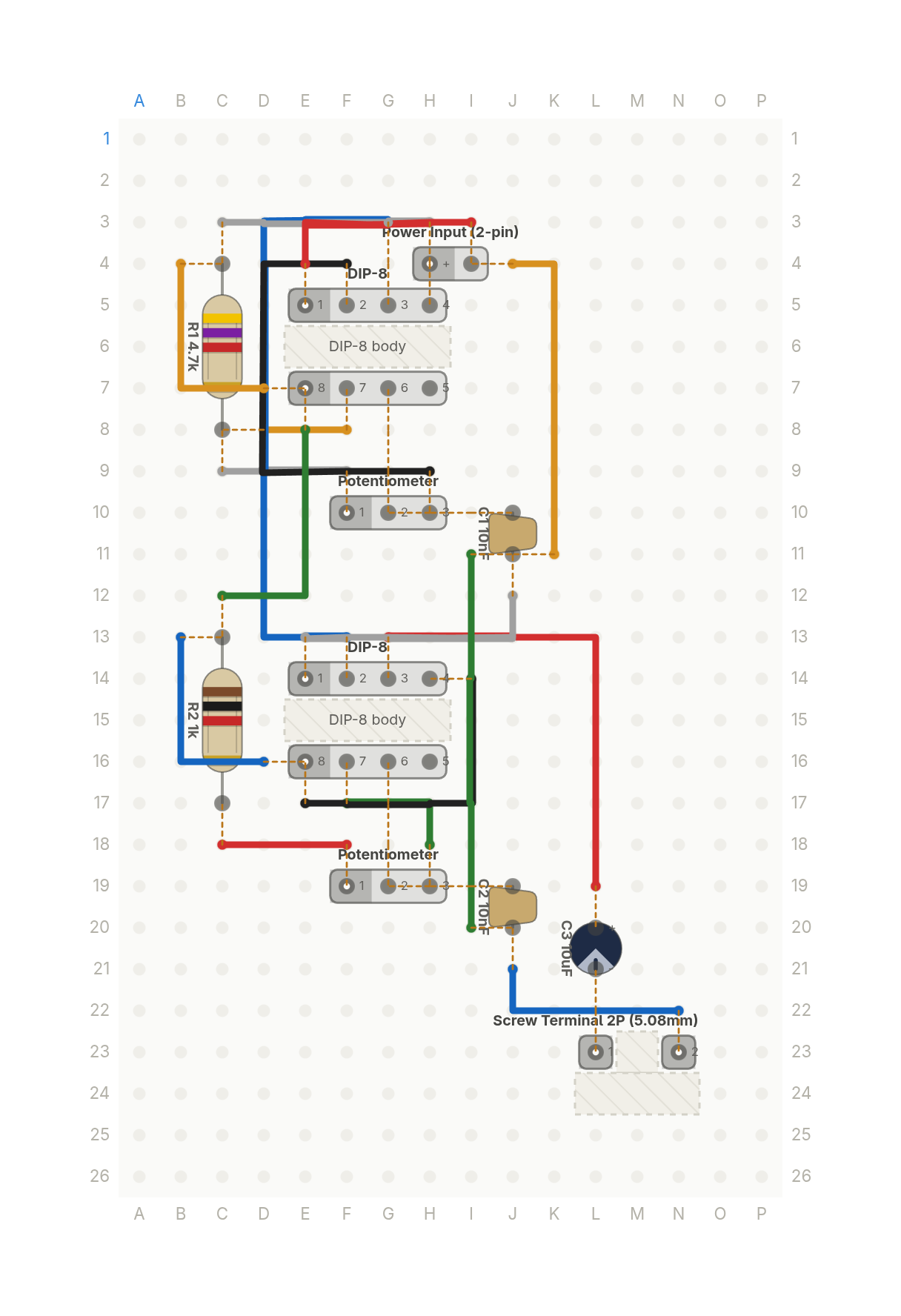 Perfboard layout of The two-knob synth from 1980 still sounds like a broken robot