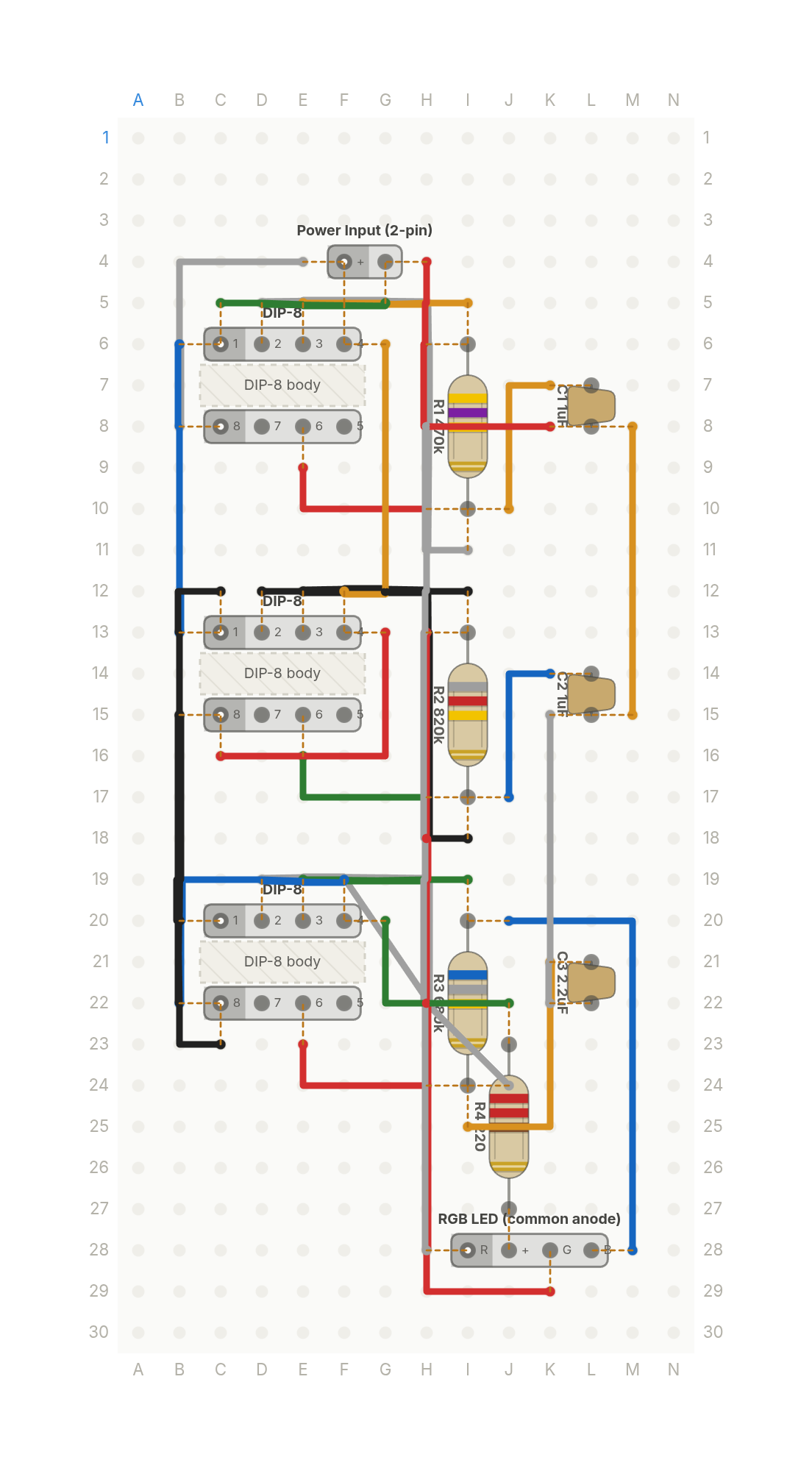 Perfboard layout of Three chips, three clocks, a color that never repeats