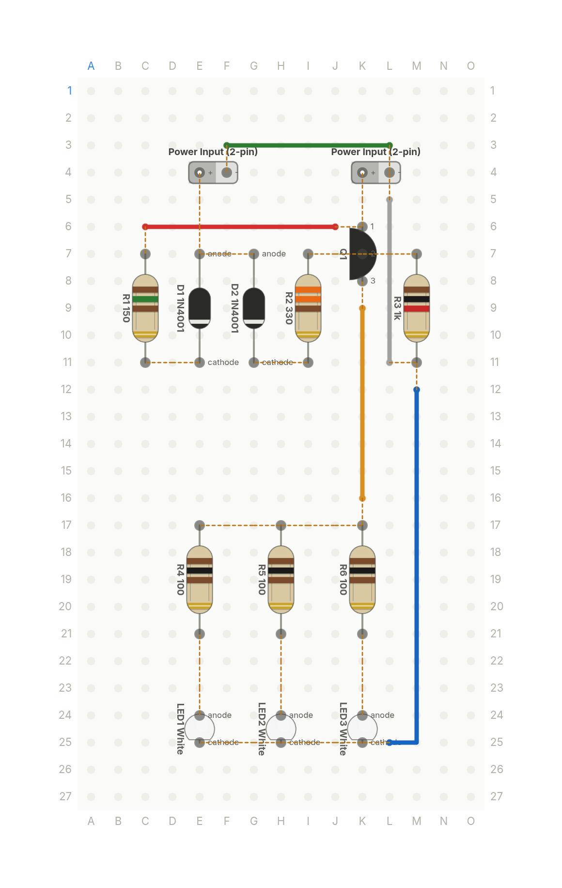 Perfboard layout of The emergency light that turns on when the power dies