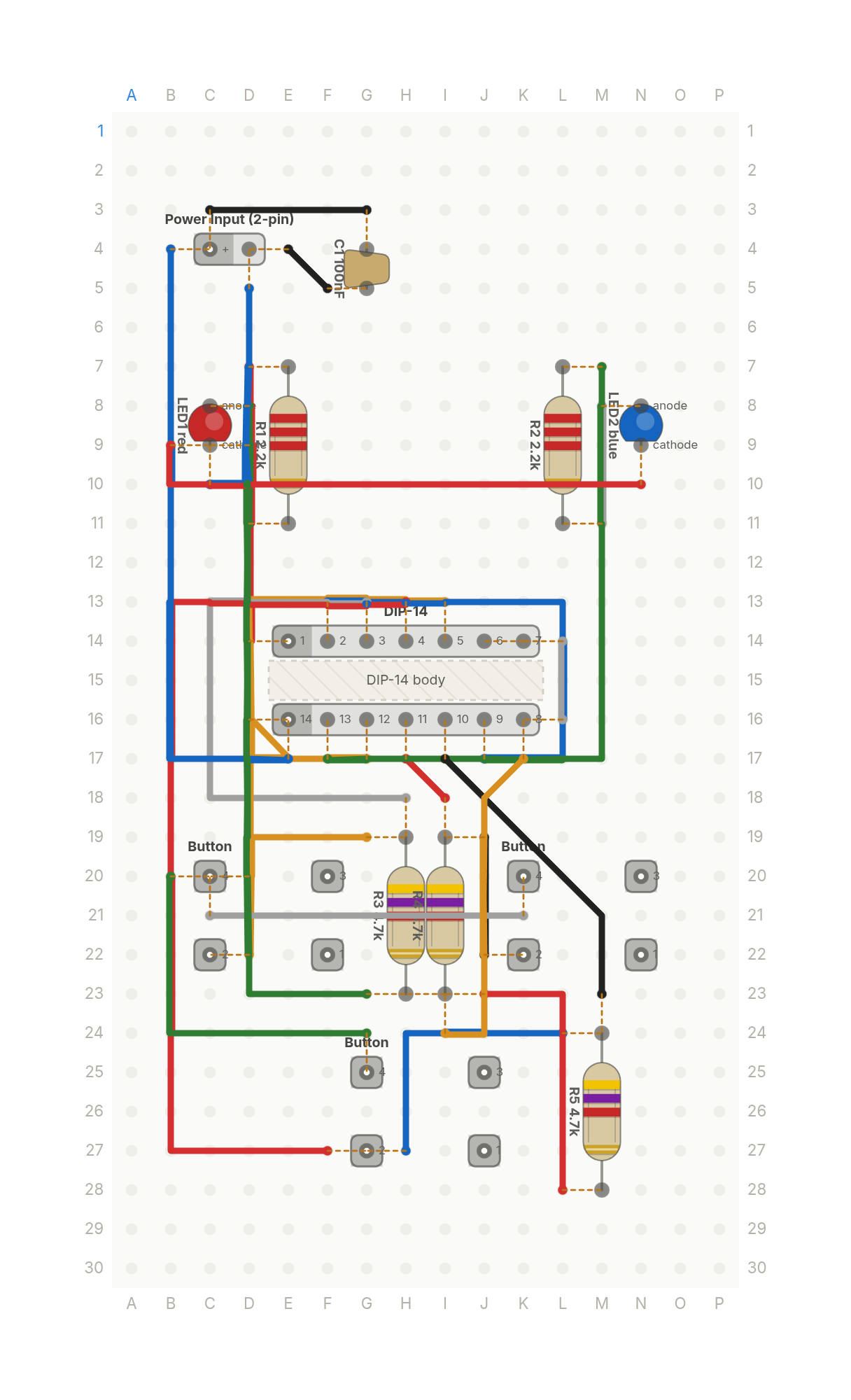 Perfboard layout of A game show buzzer that knows who pressed first