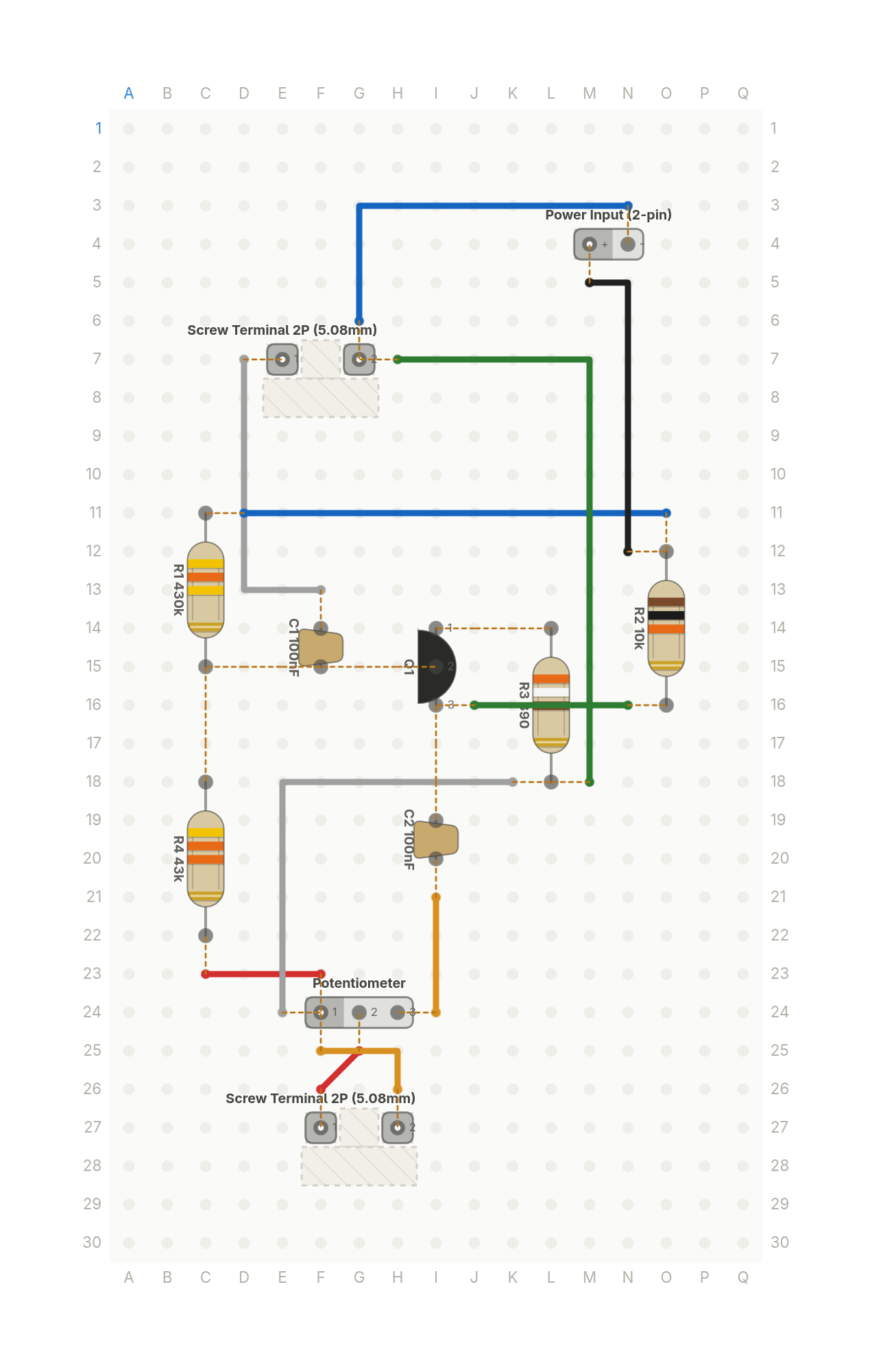 Perfboard layout of The circuit inside every guitar pedal