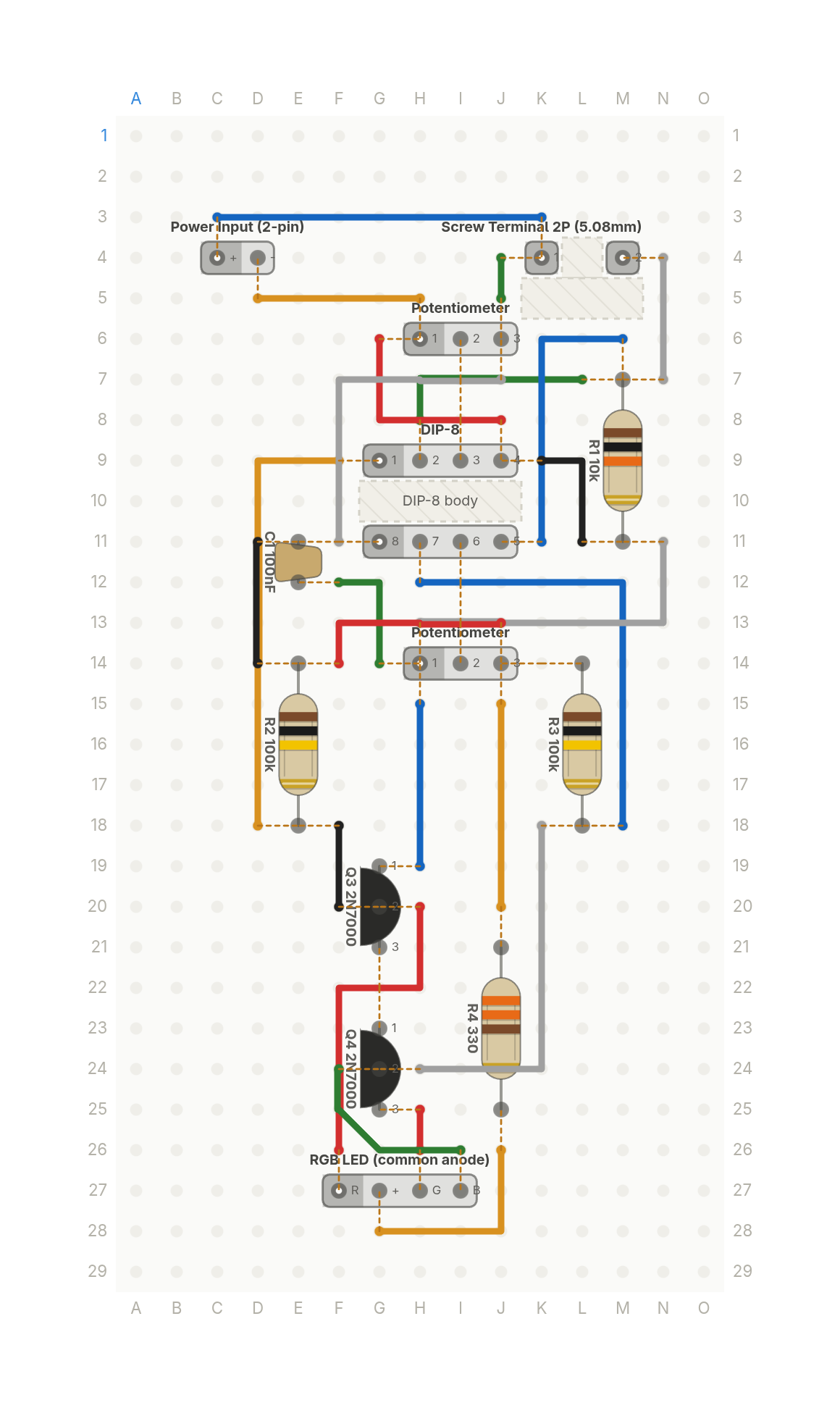 Perfboard layout of This LED turns red when the room gets hot