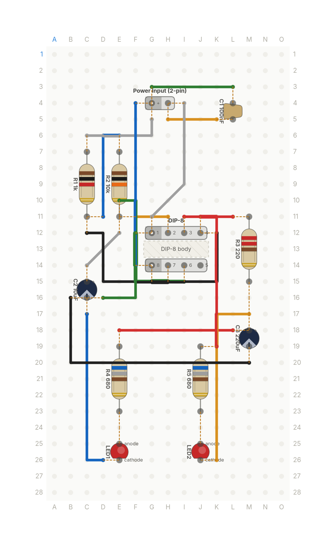 Perfboard layout of Jack-o'-lantern eyes that flicker, from one 555