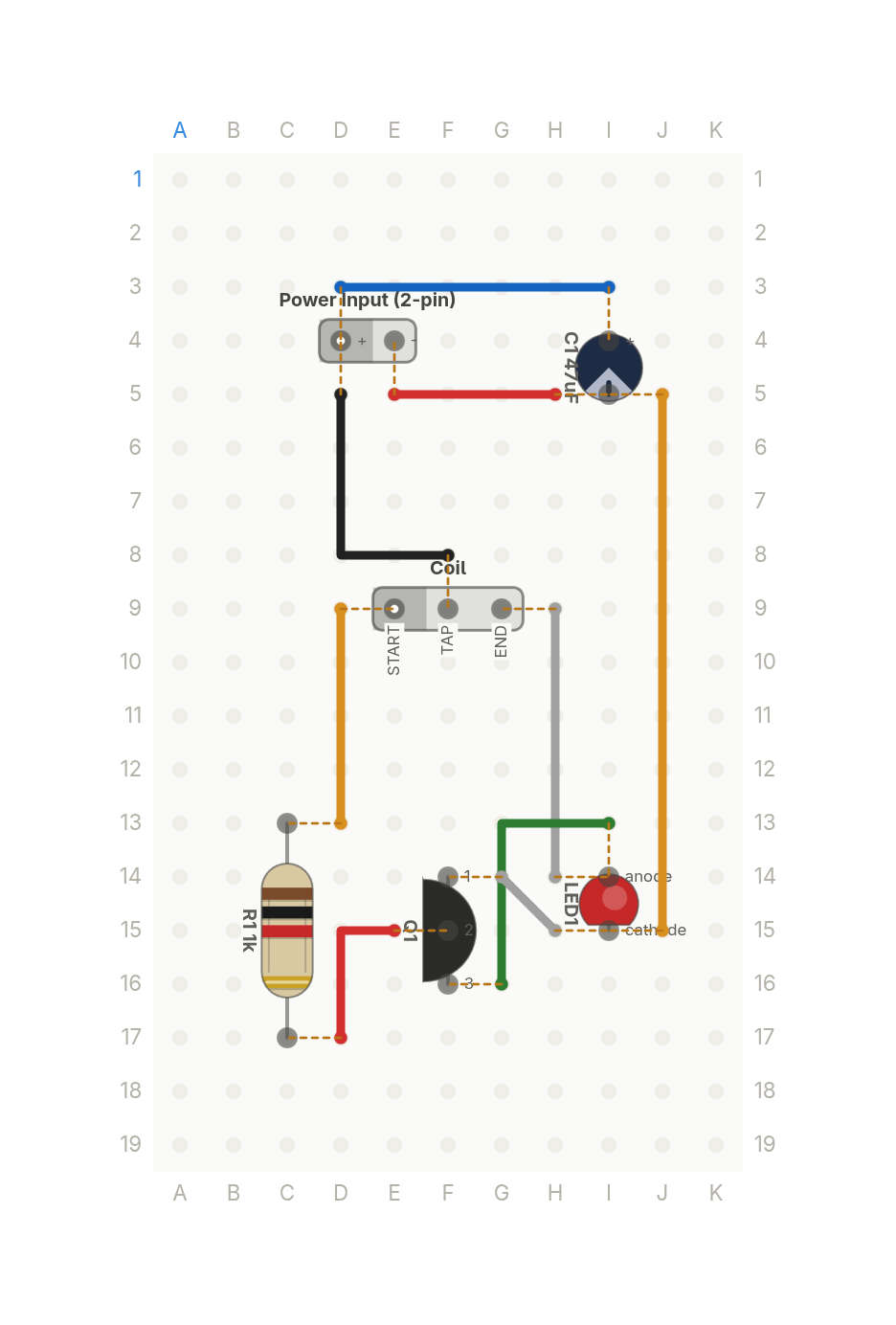 Perfboard layout of This lights an LED from a dead battery