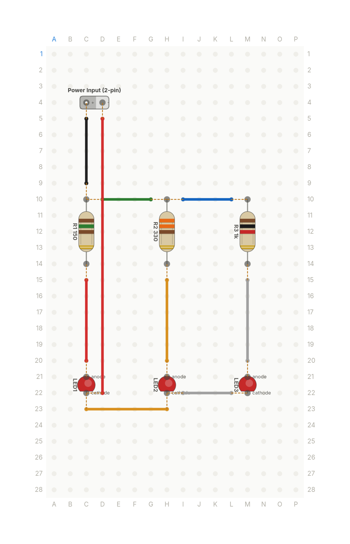 Perfboard layout of Every LED needs this resistor. Here's the math