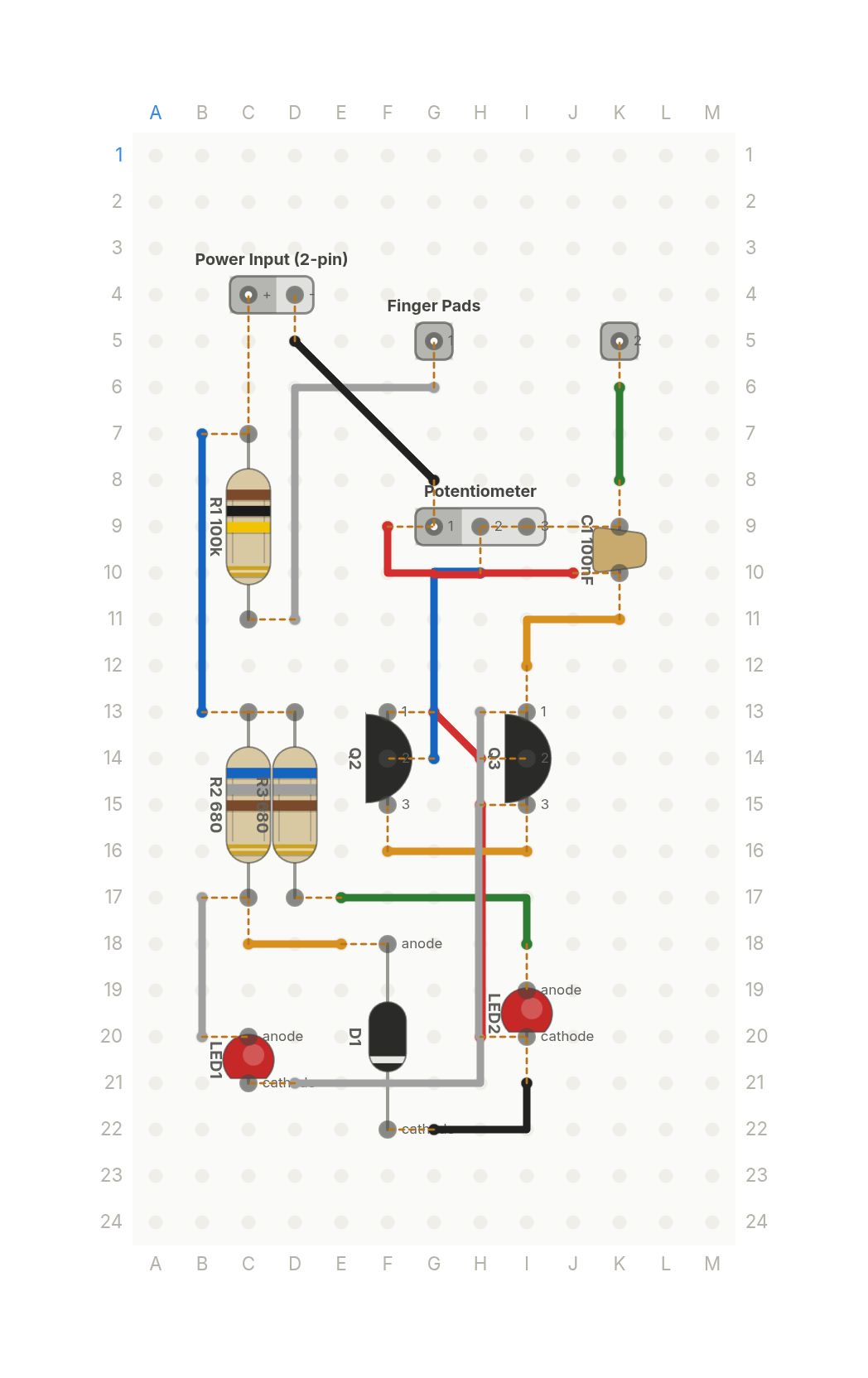 Perfboard layout of A lie detector from two transistors