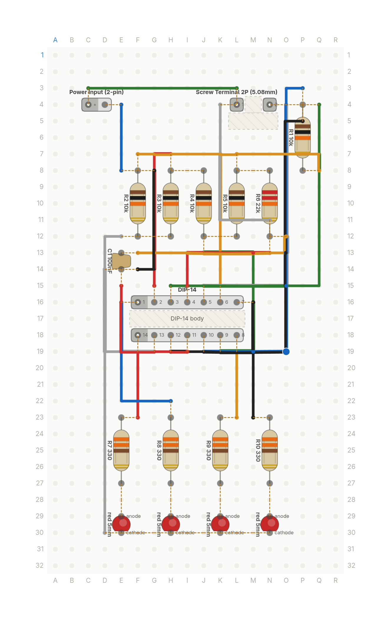 Perfboard layout of How bright is it in here, in four LEDs