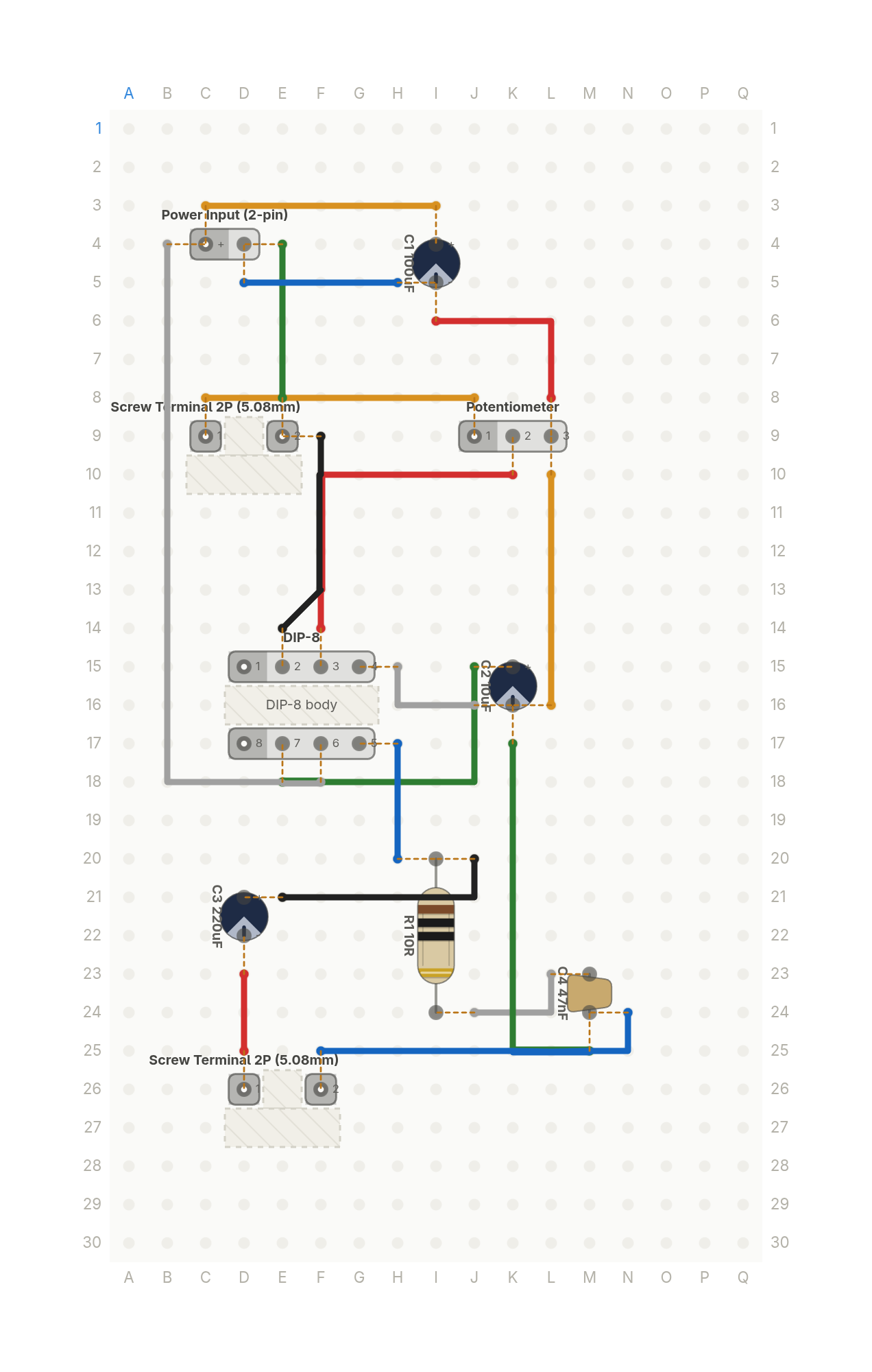 Perfboard layout of The amplifier inside a million kit speakers
