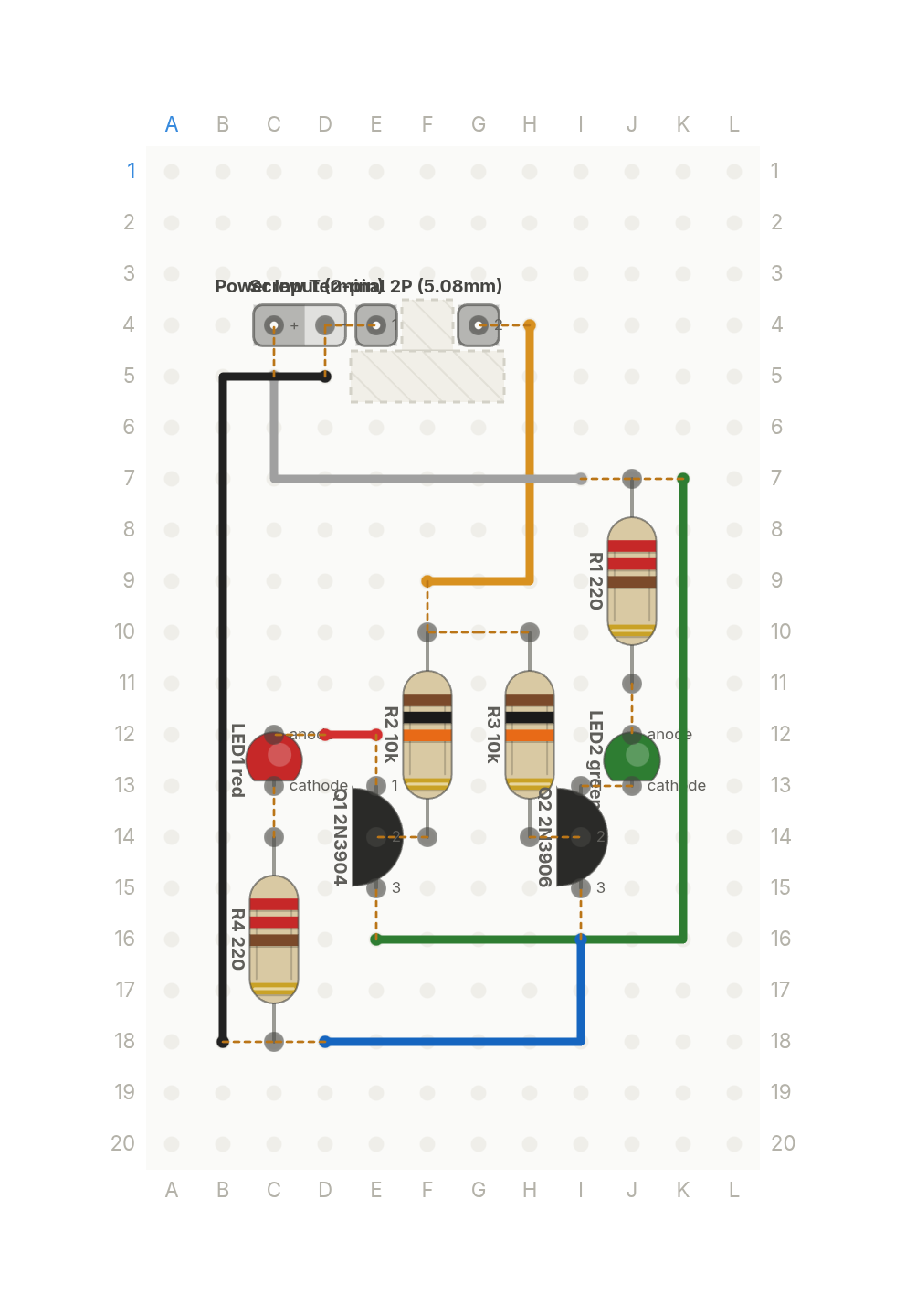 Perfboard layout of Is that pin high or low? Two transistors tell you