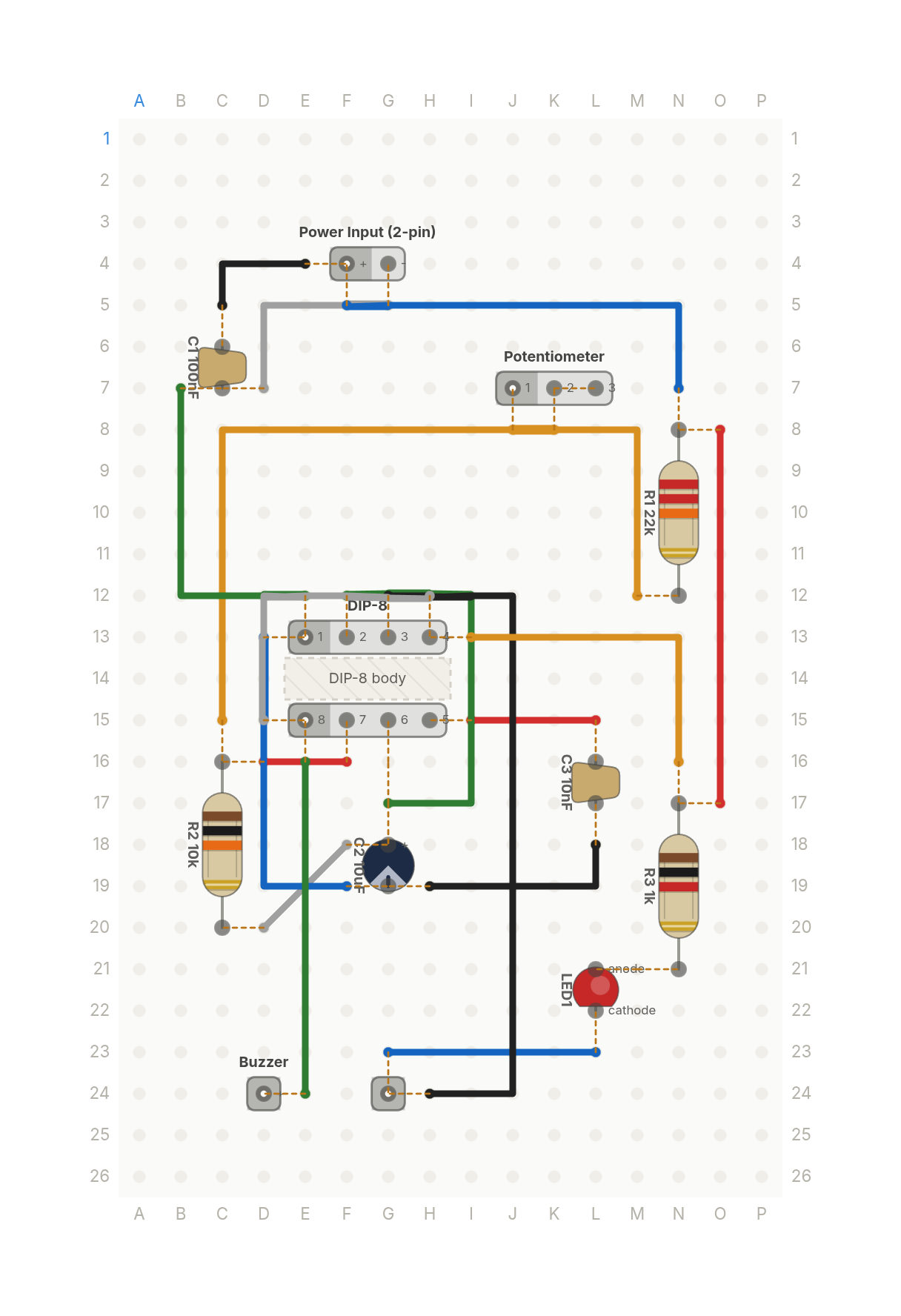 Perfboard layout of A metronome you can see, and hear, from one 555