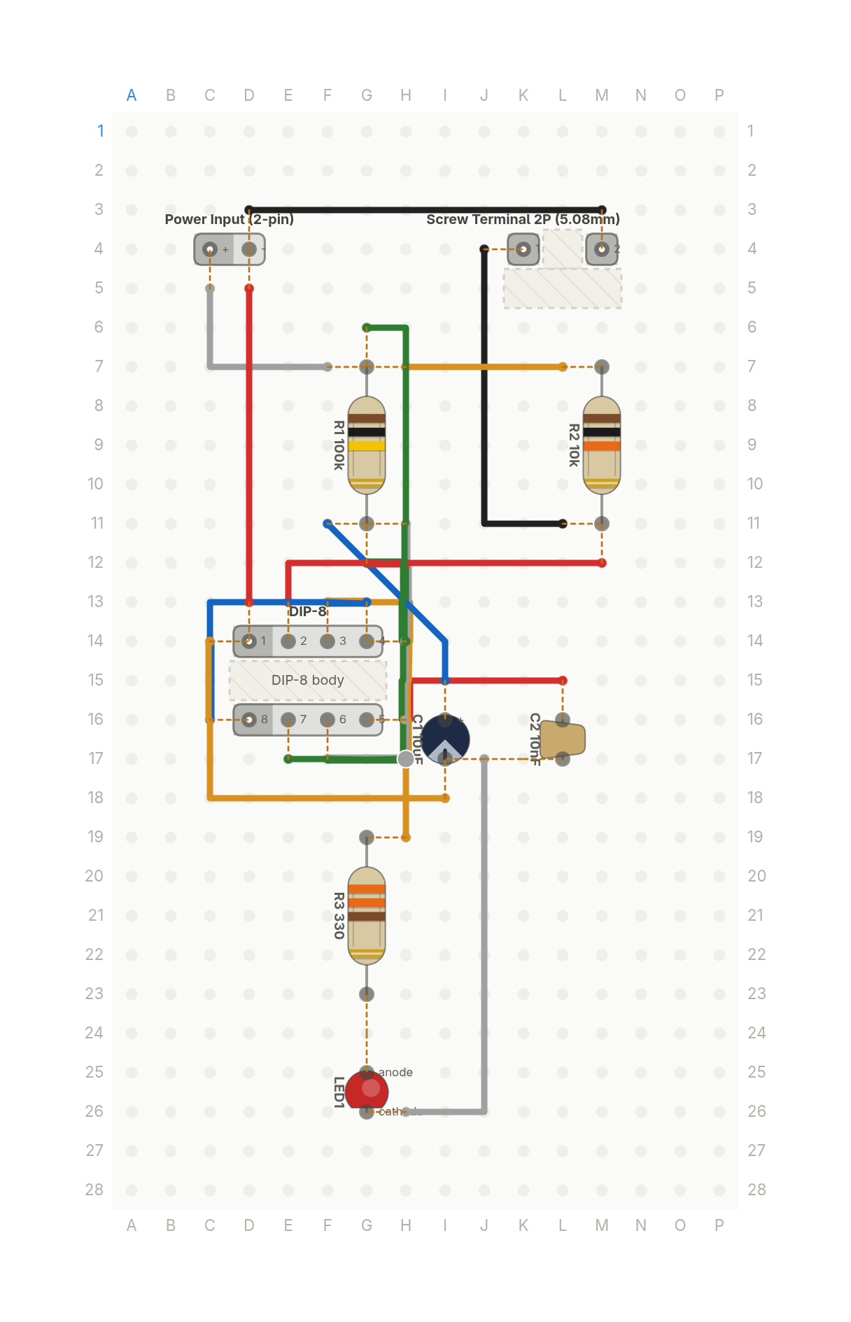 Perfboard layout of One resistor and one capacitor set every timer in electronics