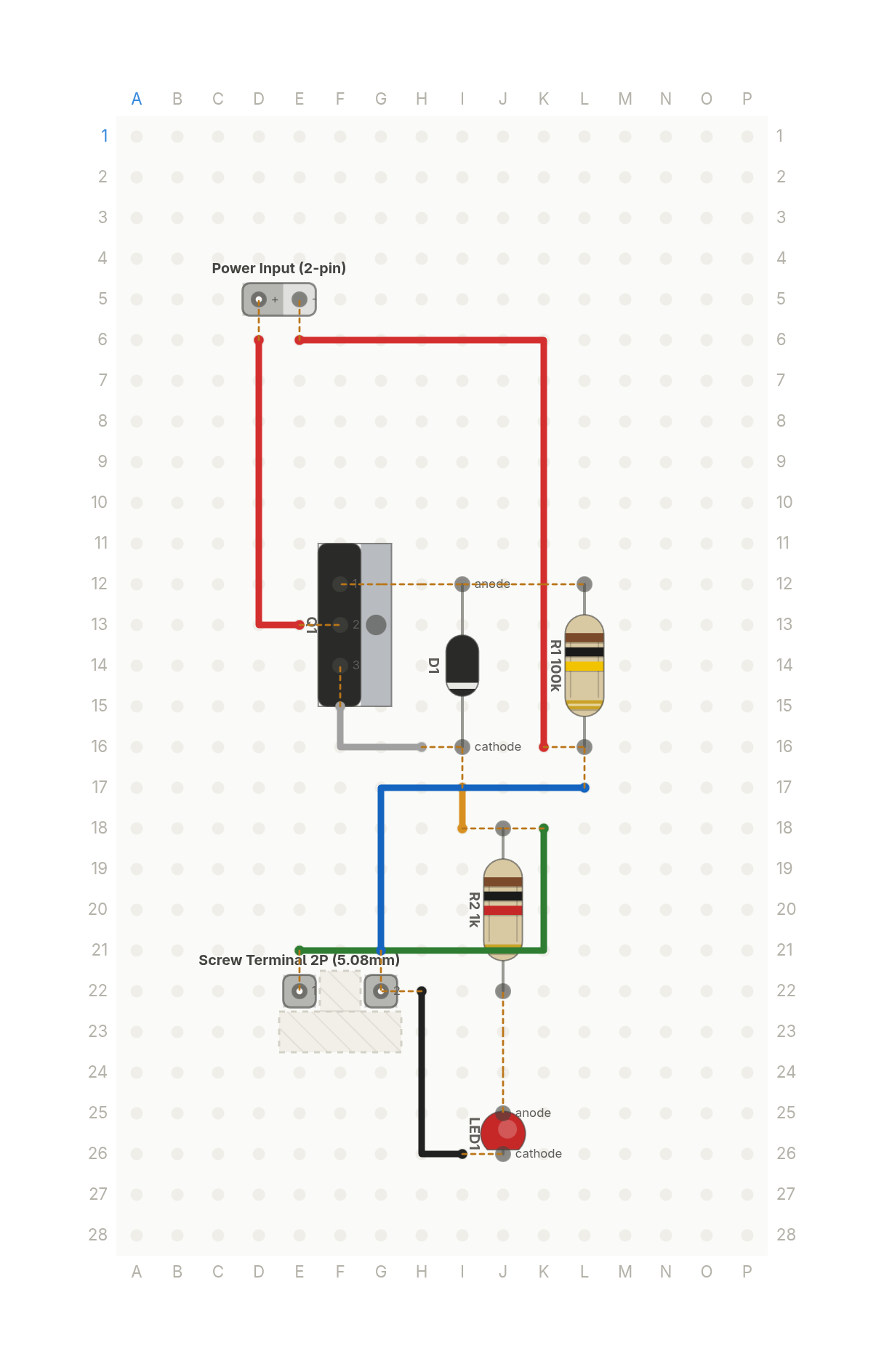 Perfboard layout of One part saves your board when you plug it in backwards