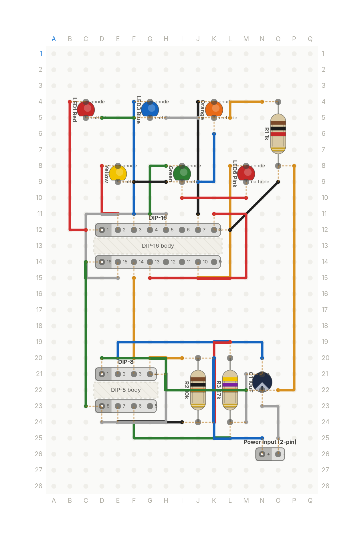 Perfboard layout of The Stranger Things light wall, from two chips