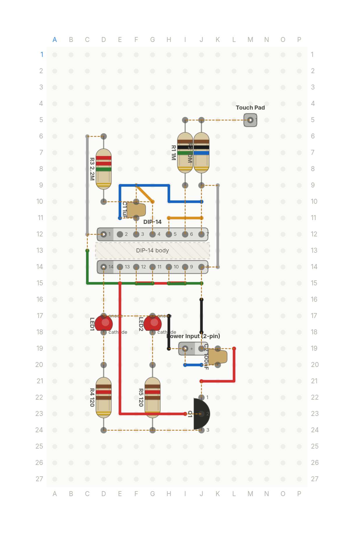 Perfboard layout of A lamp you turn on by touching it