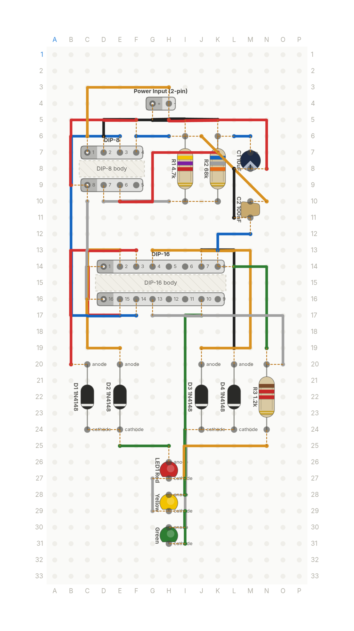 Perfboard layout of A traffic light that counts to five